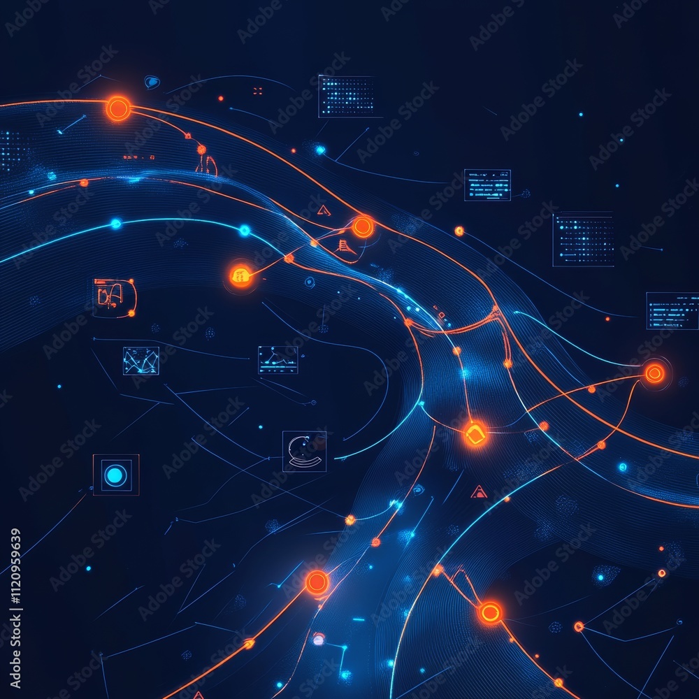 Poster dynamic network visualization showcasing interconnected data points and information streams in a fut