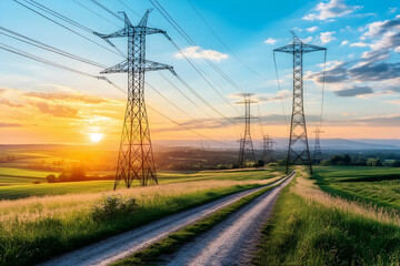 Sunset over rural landscape with power lines and a dirt road.