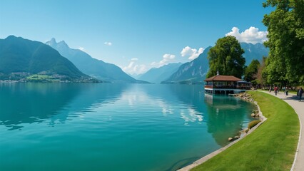 Obraz premium Stunning Wörthersee Lake Panorama, Turquoise Water, Green Mountains, & Lakeside Cafe