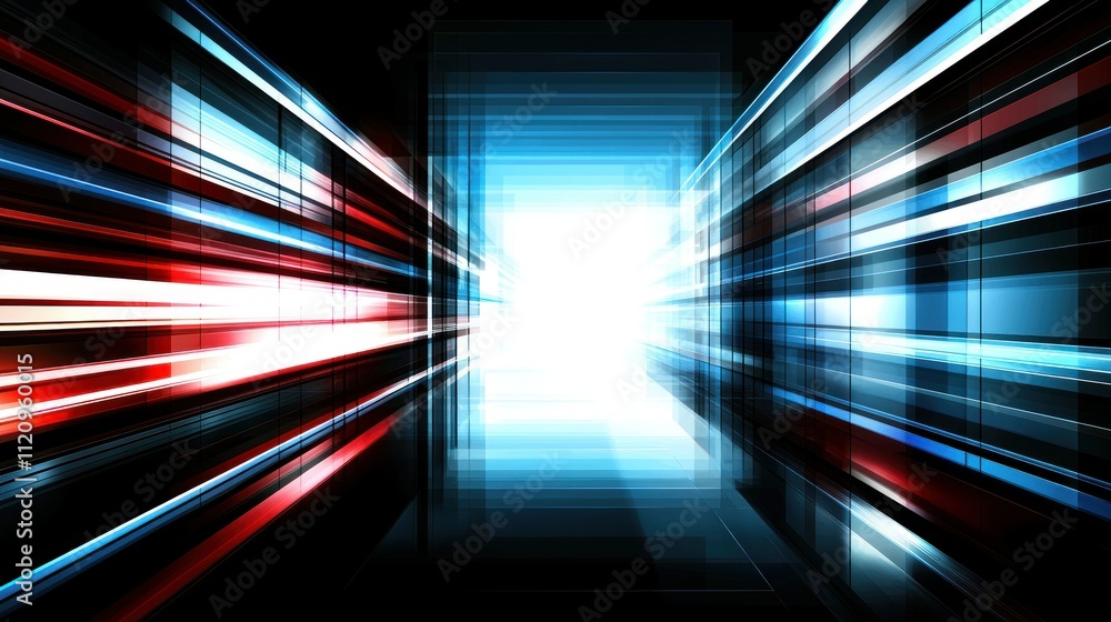 Poster abstract representation of speed and motion, featuring bright lines converging towards a light sourc