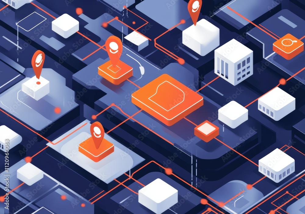 Poster exploring modern connectivity through an abstract cityscape filled with location markers and data pa