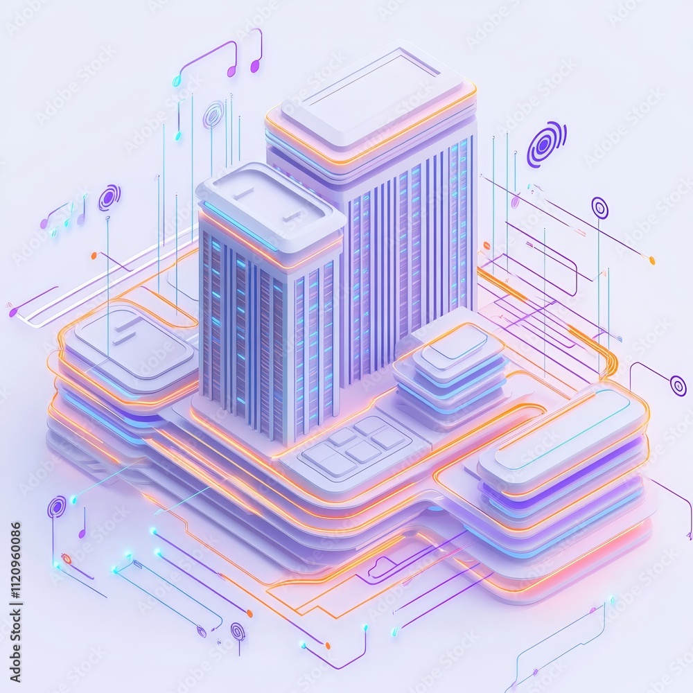 Poster innovative architectural design showcases futuristic cityscape with vibrant digital elements blendin
