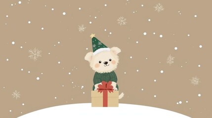 Adorable Puppy with Christmas Gift in Snowy Winter Scene