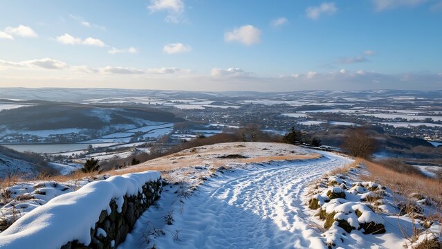 Stunning Panoramic Winter View from Eyam Hilltop, Snow Covered Yorkshire Landscape, Breathtaking Scenery