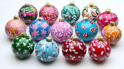 Fototapeta premium A close-up of hand-painted Christmas tree ornaments, adding a unique touch to the festive decorations