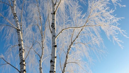 Fototapeta premium Stunning Frost-Covered Birch Trees Against a Vivid Blue Winter Sky, A Breathtaking Winter Wonderland Scene