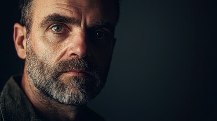 Fototapeta premium Close-up studio portrait of a man with dramatic lighting and a dark backdrop