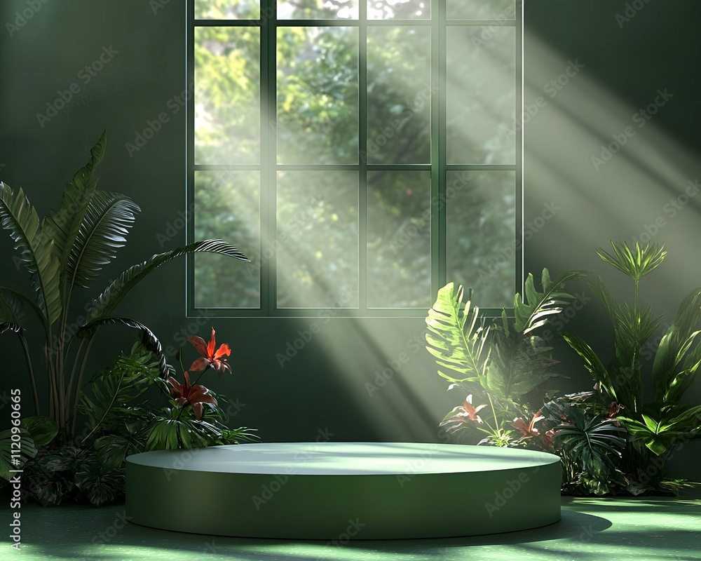 Poster a serene green space with a circular platform, illuminated by sunlight through a window.