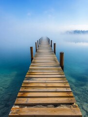 Fototapeta premium Wooden Dock Reaching Into Misty Lake Surrounded by Peaceful Scenery