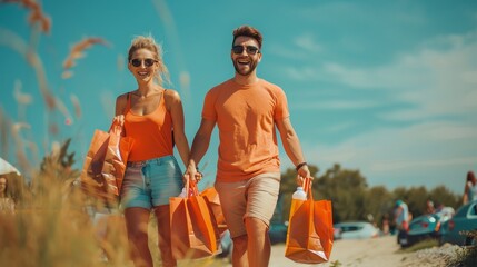 Joyful Couple Strolls Along the Beach With Vibrant Shopping Bags Under a Sunny Sky During a Perfect Summer Day Outing