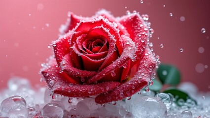 Frozen Red Rose, Macro Photography of Iced Flower with Water Droplets on Pink Background