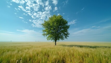 Obraz premium Solitary Tree in Vast Golden Field, Summer Day, Blue Sky, Wide Angle Photorealistic Landscape
