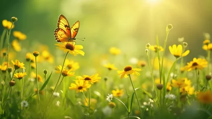 Selbstklebende Fototapeten Vibrant Spring Meadow, Sunlit Yellow Flowers and Butterfly in Dreamy Early Summer Scene © RABBI
