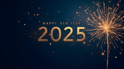 Happy New Year 2025! Celebrate the arrival of the new year with this stunning firework display. Gold numbers and sparkling lights create a festive atmosphere.