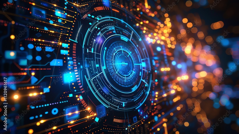 Poster abstract digital technology background with glowing lines and circles.