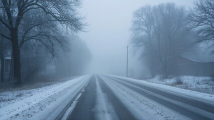 Fototapeta premium Serene Yet Ominous Foggy Winter Road, Snow-Covered Country Lane, Mist-Shrouded Trees, Isolated and Peaceful Winter Landscape Photography