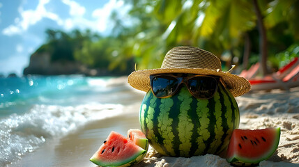 Watermelon on Beach Vacation in Summer Sun