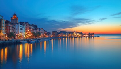 Serene Coastal Cityscape at Dusk with Boats and Evening Glow