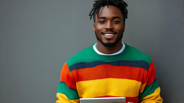 Smiling Man Uses Tablet, Modern Lifestyle