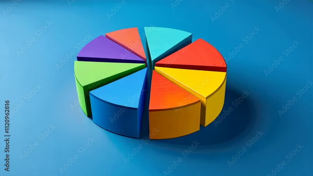 Poster colorful pie chart model on blue background with vibrant segments, educational teaching tool for dat