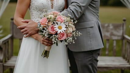 Romantic Wedding Close-up, Bride's Hand Holding Pink Rose and Daisy Bouquet, Groom's Embrace on Rustic Wooden Bench