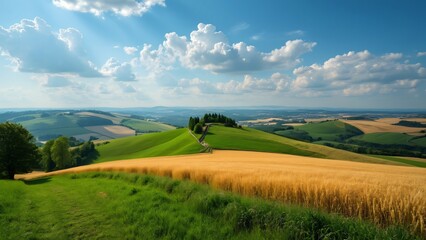 Obraz premium Stunning Emilia-Romagna Hills, Lush Green Fields, Golden Wheat, and Blue Sky Canvas