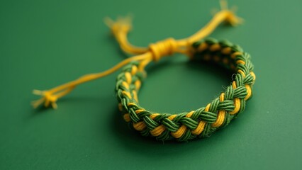 Handwoven Green and Yellow Braided Thread Bracelet, Detailed Product Photography