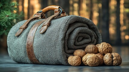 Cozy picnic setup with rolled blanket and nuts in serene forest still life scene nature outdoor view relaxation concept