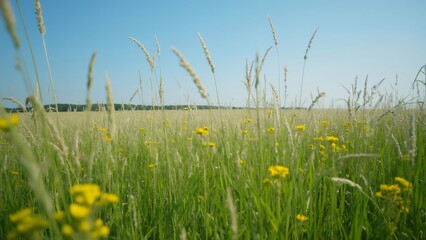 Serene Midwestern Landscape, Wide Shot of Tall Grass, Blue Sky, and Yellow Wildflowers