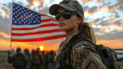 Fototapeta premium Woman Soldier Sunset Patriotism Military Flag