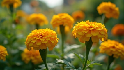 Vibrant Yellow Marigolds in a Lush Garden, Close-Up Macro Photography of Blooming Flowers with Soft Natural Light and Blurred Background