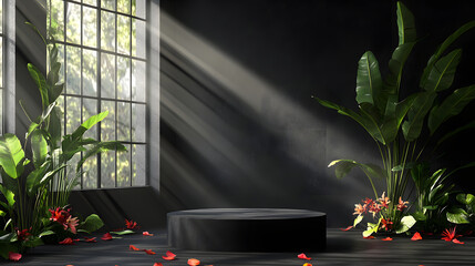 A serene indoor scene with a circular platform surrounded by plants and light.
