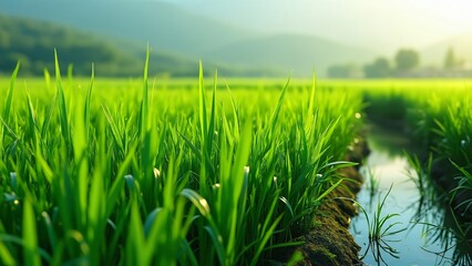 Obraz premium Serene Lush Green Rice Paddy Fields, Vibrant Nature Landscape Photography