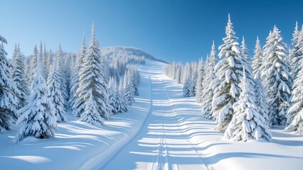 Stunning Winter Wonderland, Snow Covered Pine Trees, Ski Tracks & Clear Blue Sky - Perfect Snowy Landscape for Skiing & Cross-Country