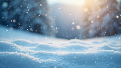 Fototapeta premium Stunning Winter Wonderland Background, Snow-Covered Hills, Blizzard, Bokeh Lights, Product Display