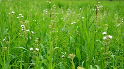 Obraz premium Lush Green Meadow with Tall Weeds and Delicate White Flowers, A Serene Summer Field Scene