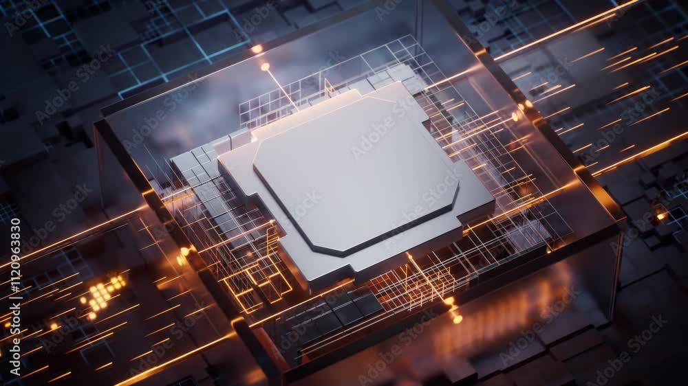 Aufkleber technology circuit board and core, 3d rendering.