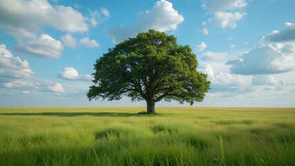 Majestic Oak Tree in Summer Field, Blue Sky, Lush Green Grass - AI Generated Image