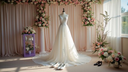 Stunning White Wedding Dress Displayed on Stage with Floral Decorations, Shoes, and Purple Acrylic Case