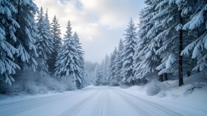 Enchanting Snowy Road Through Snow-Covered Pine Trees, Serene Winter Landscape Photography