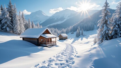 Stunning Polish Winter Landscape, Snow-Covered Mountains, Wooden Cabins & Ski Tracks