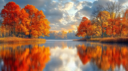 Autumn Trees Reflecting in Calm Lake Waters at Sunrise