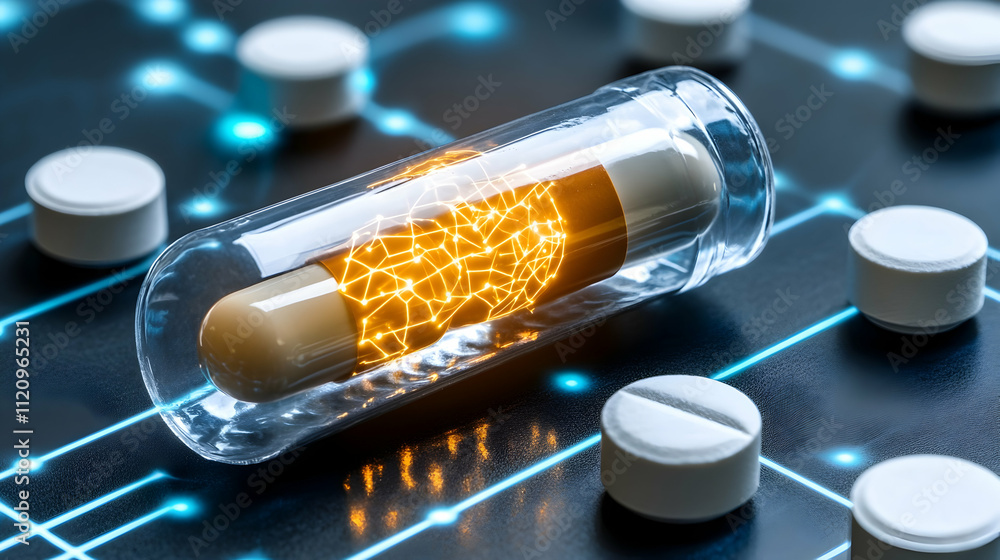 Poster transparent capsule with glowing neural network inside, surrounded by pills on a circuit board.