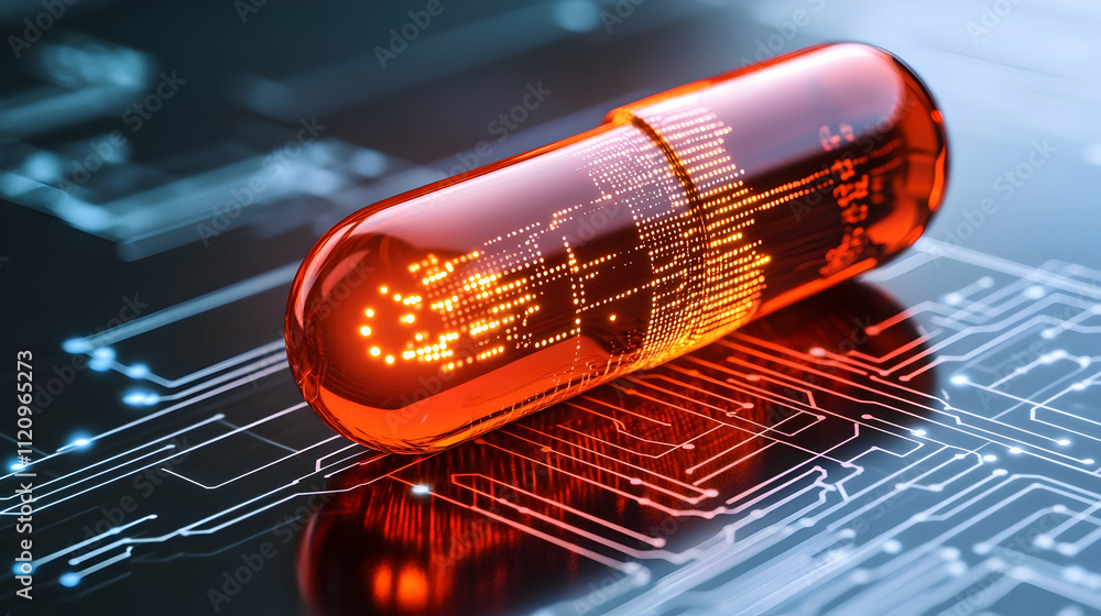Poster transparent red capsule with digital circuit inside on a circuit board.