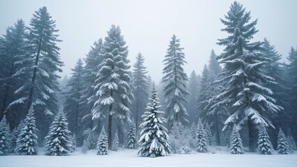 Snowfall in a Majestic Winter Forest, Wide Shot of Snow-Covered Pine and Spruce Trees