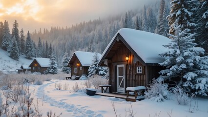 Fototapeta premium Charming Wooden Cabins in Snowy Alpine Meadow, Surrounded by Dense Forest at Sunset