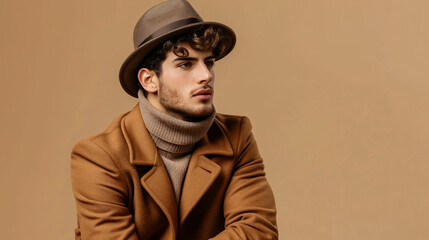 Trendy man in a stylish autumn outfit looking away while sitting on beige.
