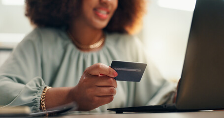 Business woman, credit card and typing on laptop for online shopping, subscription service or sale. Procurement officer, technology and website for ecommerce, internet payment or company purchase