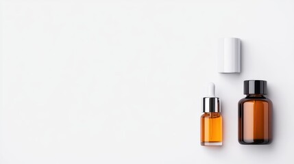 Obraz premium Three glass bottles for skincare or essential oils on a white background.