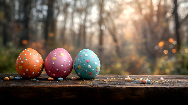 Decorative Easter Eggs on Rustic Wood, Springtime
